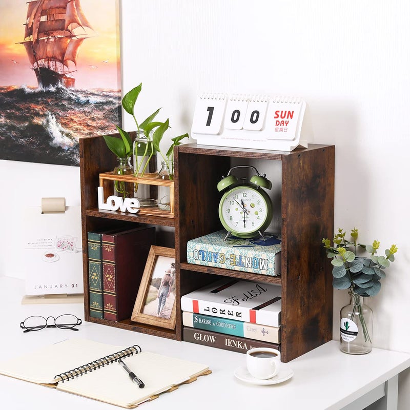 PAG Desktop Shelf Freestanding Wooden Small Bookshelf Desk Supplies Organizers and Accessories Storage Display Rack Office Dorm Decor for Women, Antique Brown - Image 5
